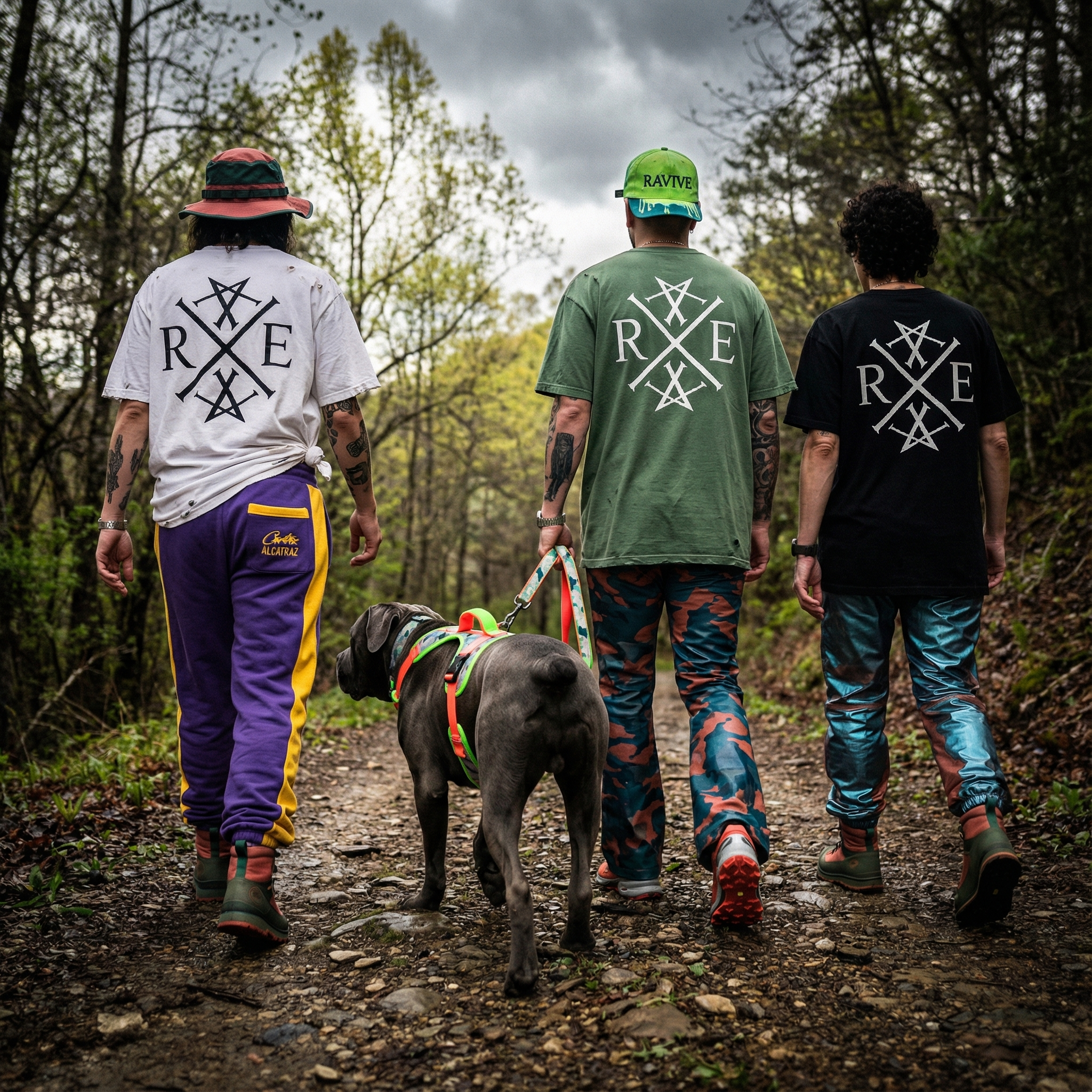 Three people walking a dog on a trail, wearing branded clothing.
