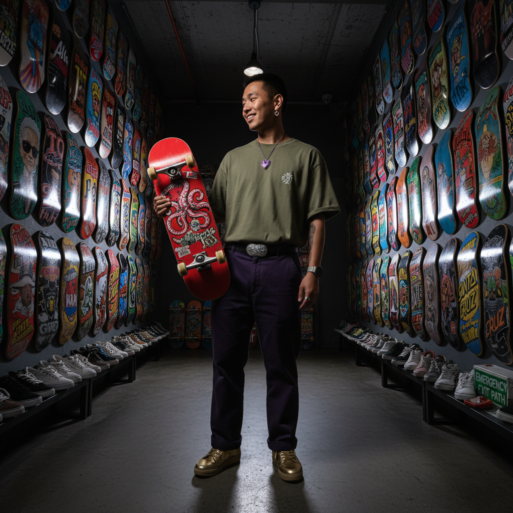 Man wearing oversized khaki organic cotton T-shirt with purple RAVIVE monogram logo on chest, holding red skateboard, in a.