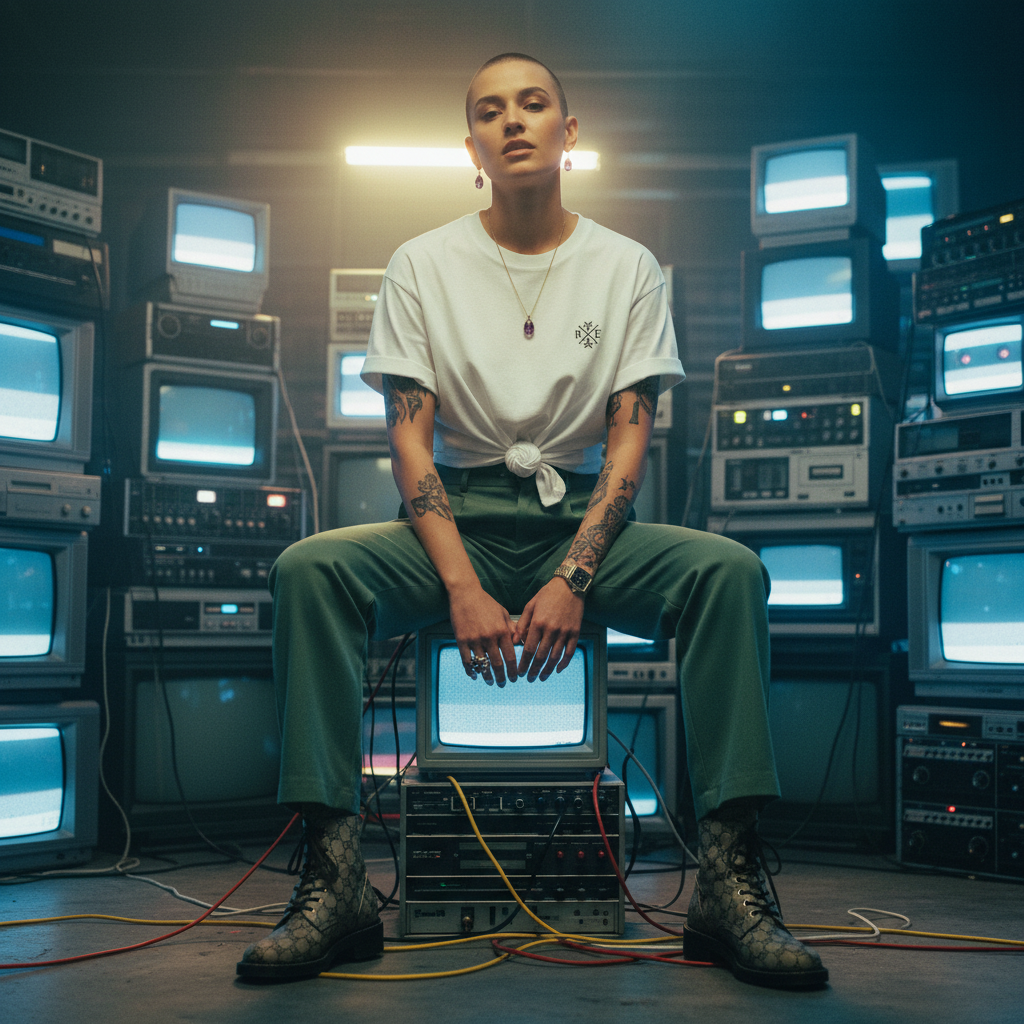 Model wearing oversized white organic cotton T-shirt with RAVIVE monogram logo on chest, paired with green pants and black.