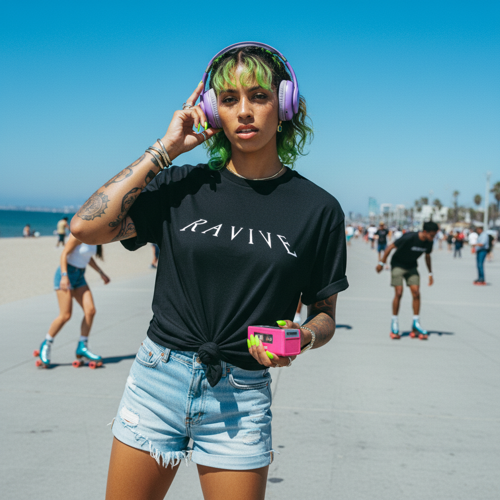 Person wearing a black t-shirt with 'RAVINE' text on a beach.