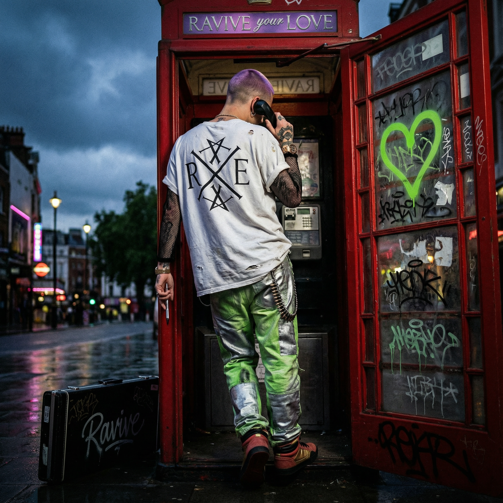 Man using a payphone in a graffiti-covered red telephone booth on a city street.