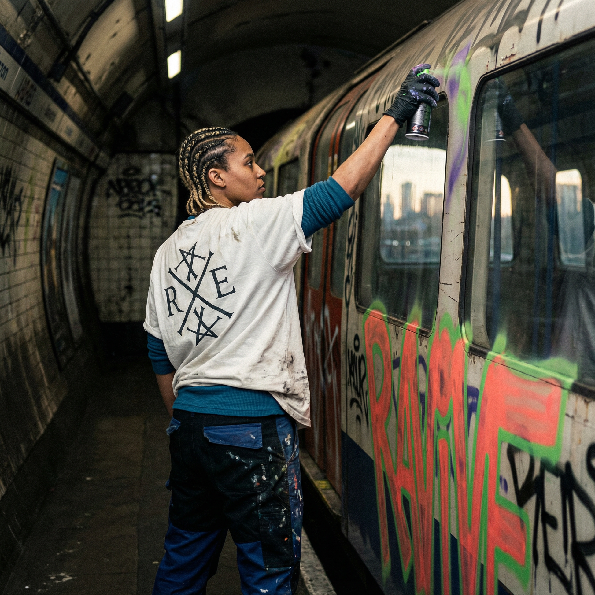 Person spray painting a graffiti-covered train in an urban setting