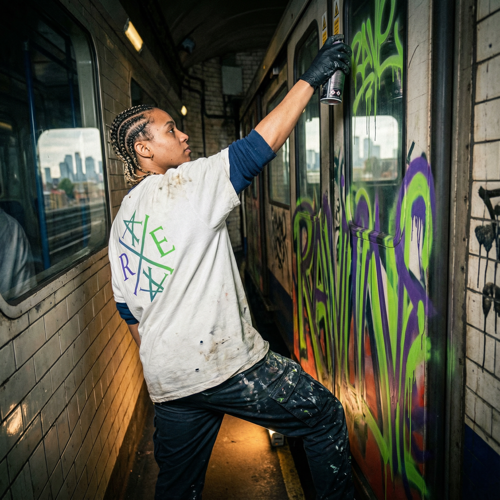 Person spray painting graffiti on a train car with cityscape in the background