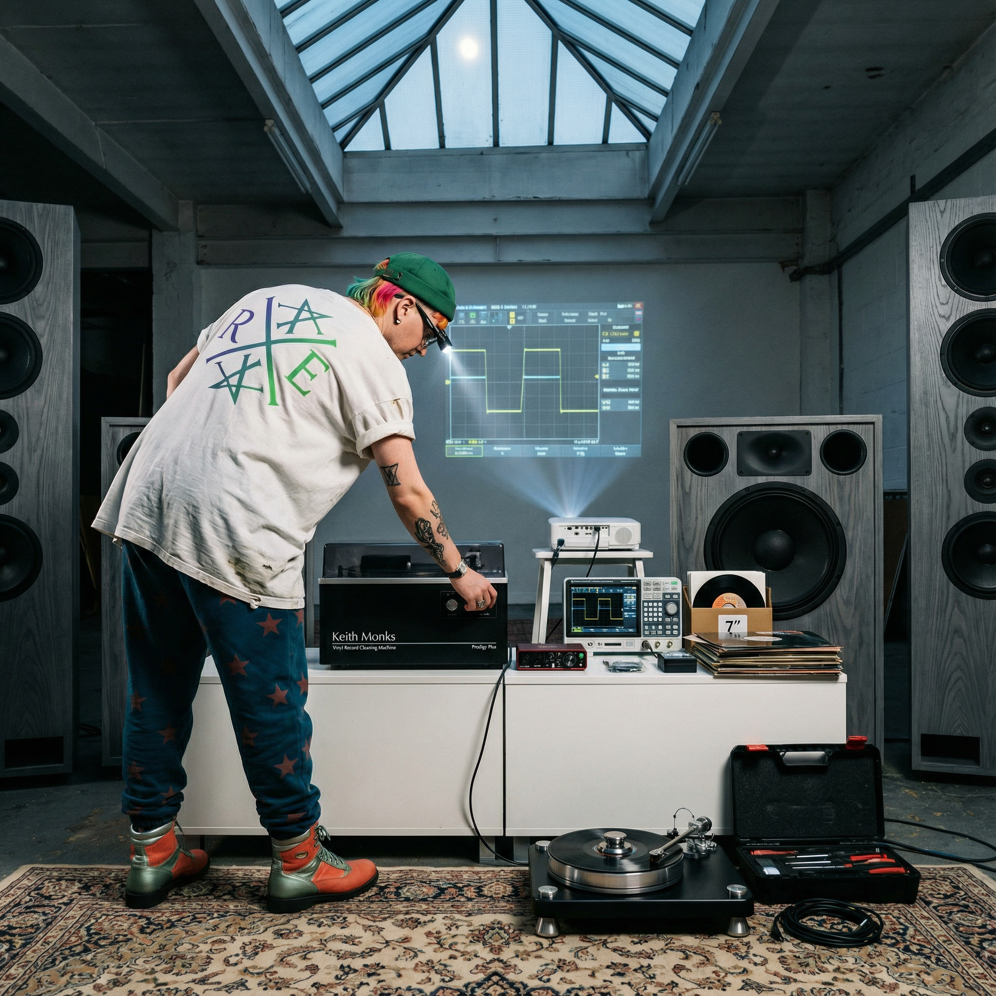 Person in a music production studio with audio equipment and a screen displaying a digital interface.