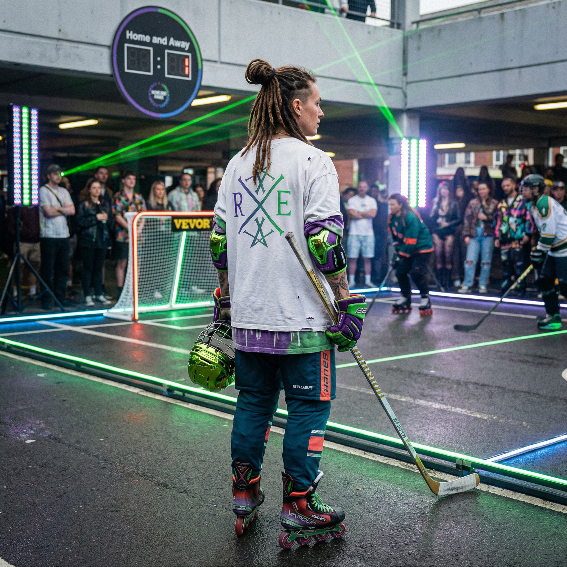 Person on roller skates with a hockey stick in an indoor setting, likely a roller rink.