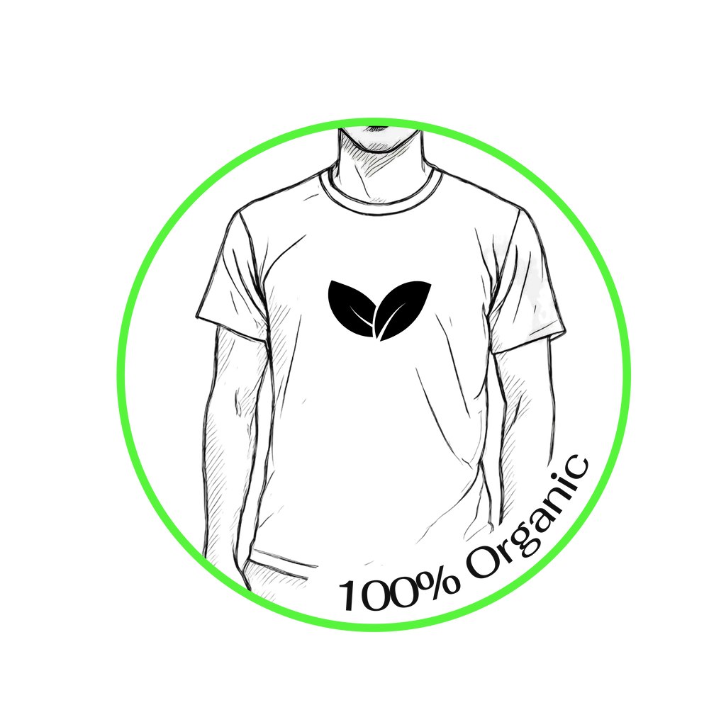 Outline of a t-shirt with a leaf symbol and '100% Organic' text, framed by a green circle.
