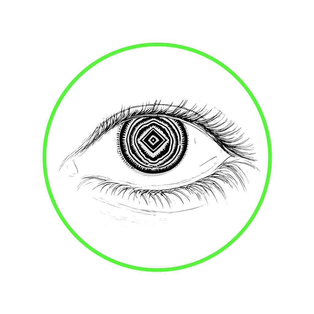 Illustration of a detailed eye with a green circle around it on a white background