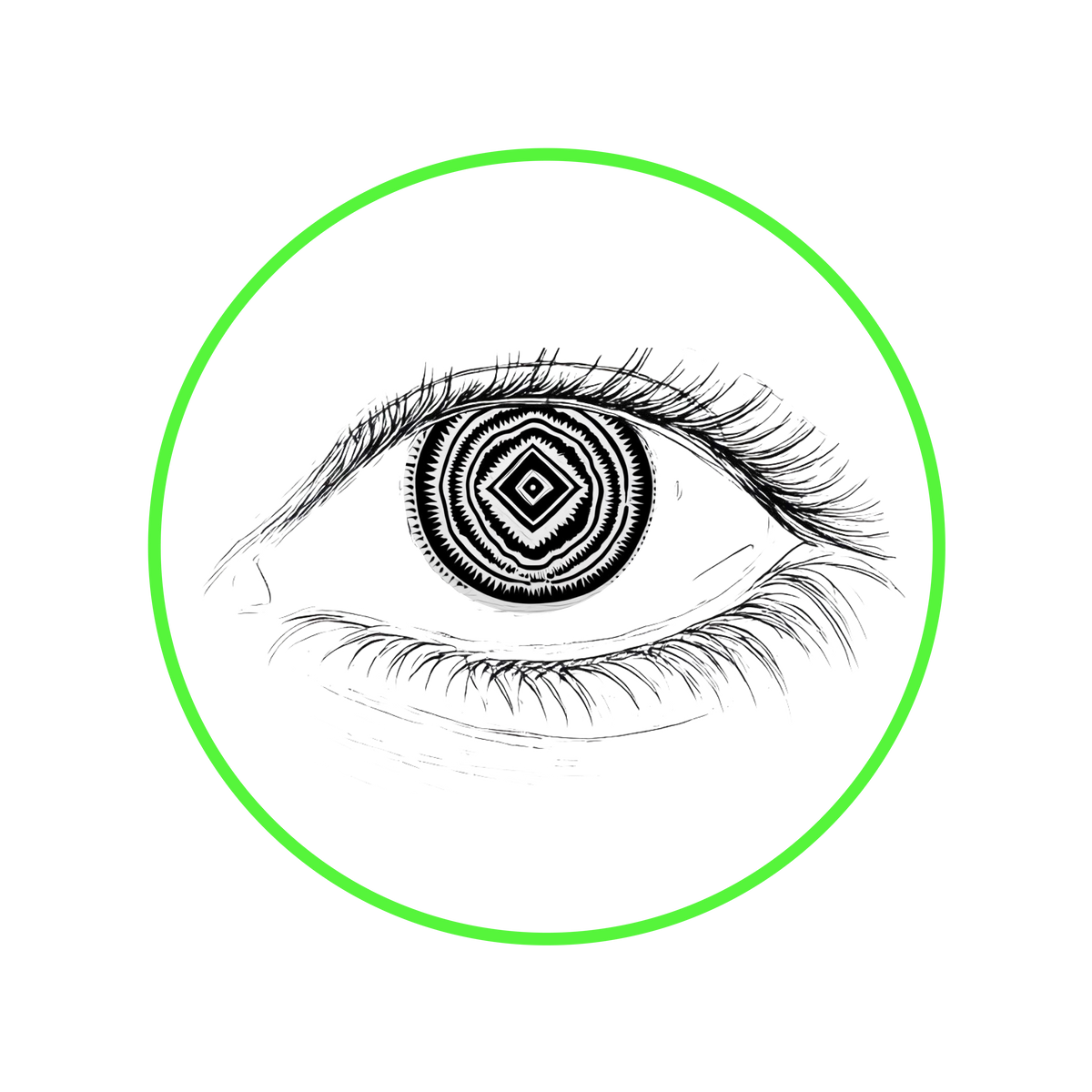 Illustration of a detailed eye with a green circle around it on a white background