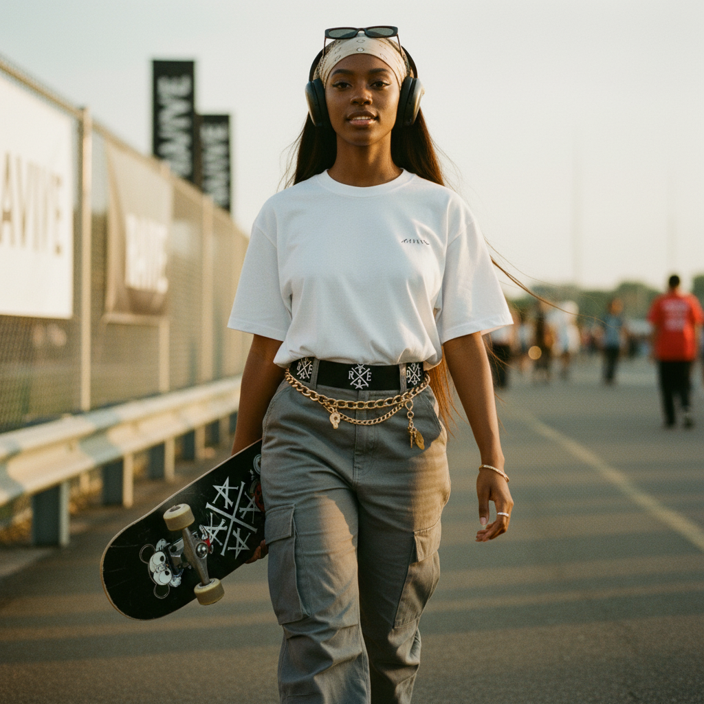 Woman wearing oversized white organic cotton T-shirt with small black RAVIVE reverb logo on chest, paired with grey cargo pants.