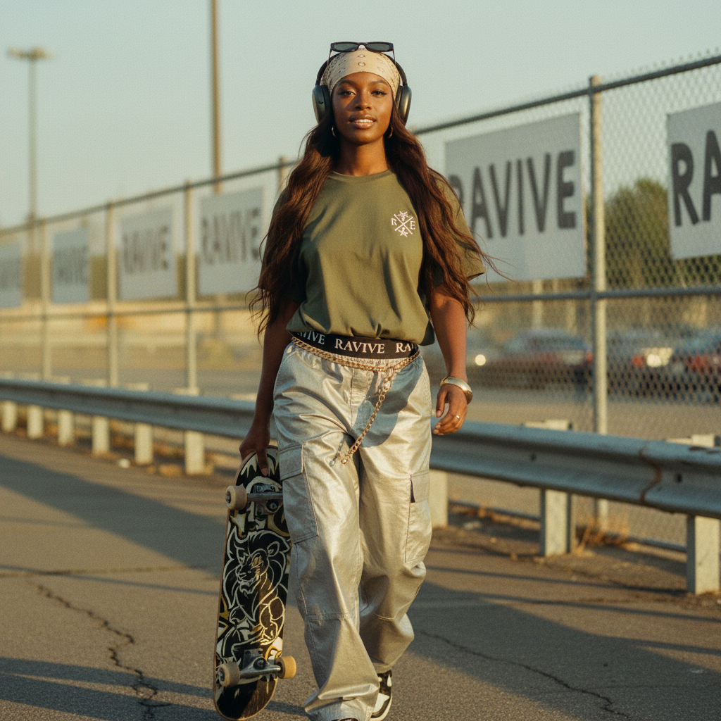 A young woman walks confidently along a paved path bordered by a wire fence and signage. She wears an oversized olive green T-shirt made from premium organic cotton, featuring a RAVIVE white monogram logo on the chest. The relaxed fit and smooth fabric provide comfort and style. She pairs the shirt with metallic silver cargo pants and accessories, holding a skateboard with black-and-white graphics. Sunlight highlights the T-shirt’s softness, organic fabric, and modern oversized silhouette.