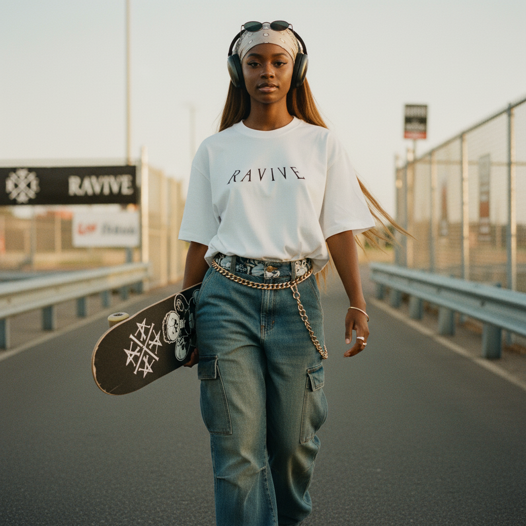 Model wearing oversized white organic cotton RAVIVE Reverb T-shirt with black RAVIVE monogram logo across chest, paired with .