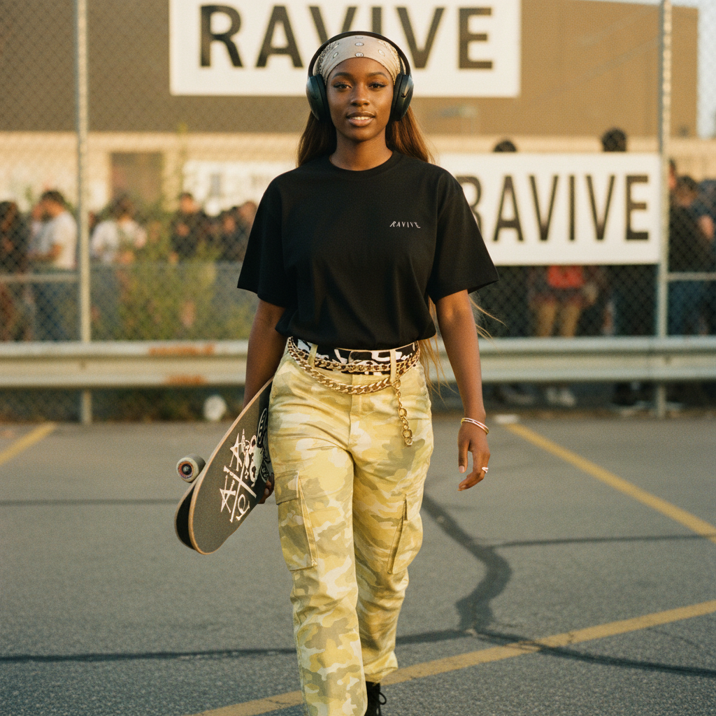 Woman wearing oversized black organic cotton T-shirt with small RAVIVE monogram logo on chest, paired with camo pants,.