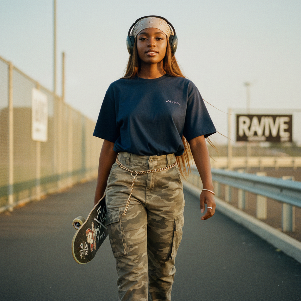 Young woman wearing oversized navy organic cotton T-shirt with small RAVIVE monogram logo on chest, paired with camouflage pants.