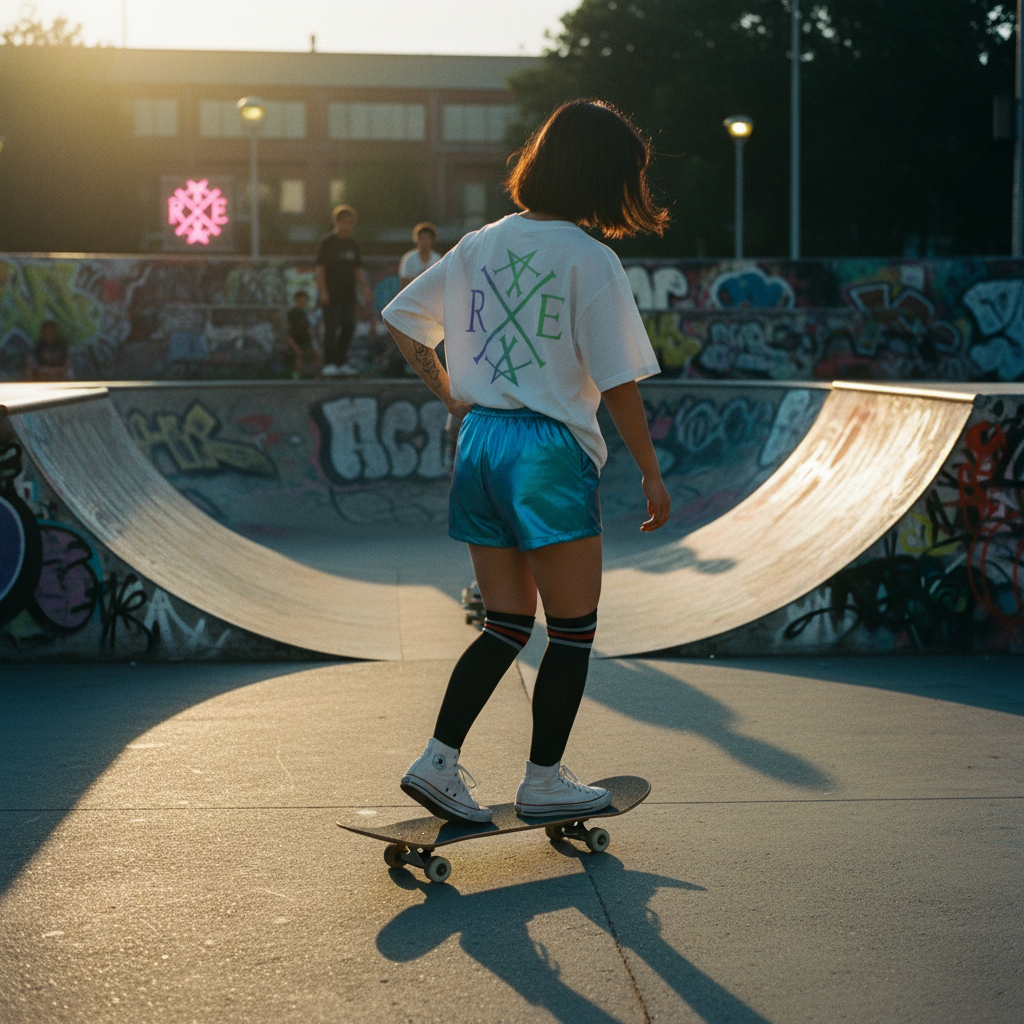Woman wearing oversized white organic cotton t-shirt with green RAVIVE monogram logo on back, skateboarding at.