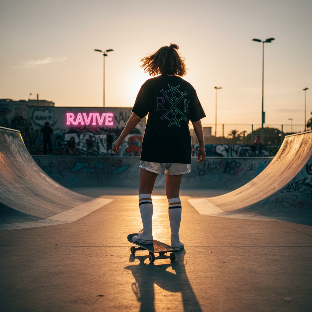 Woman wearing oversized navy organic cotton t-shirt with large white RAVIVE monogram logo on the back, standing on a skateboard.