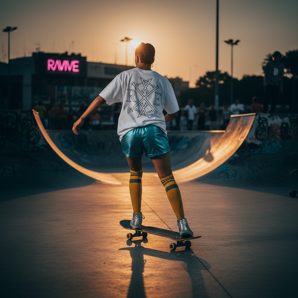 Model skateboarding at sunset wearing oversized white organic cotton t-shirt with large RAVIVE monogram logo on back, paired with metallic blue shorts.