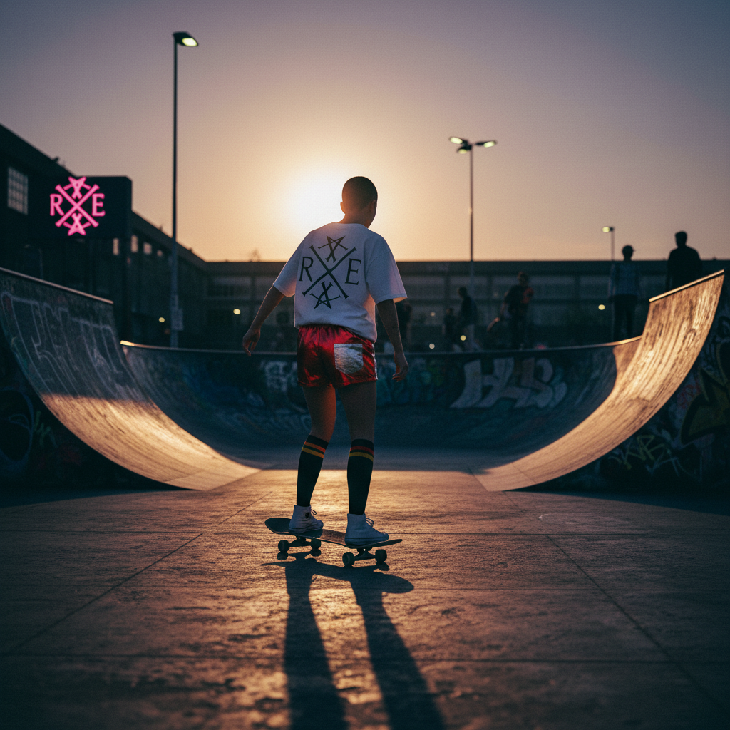 Male model skateboarding at sunset wearing an oversized white organic cotton t-shirt with a large black RAVIVE monogram logo .