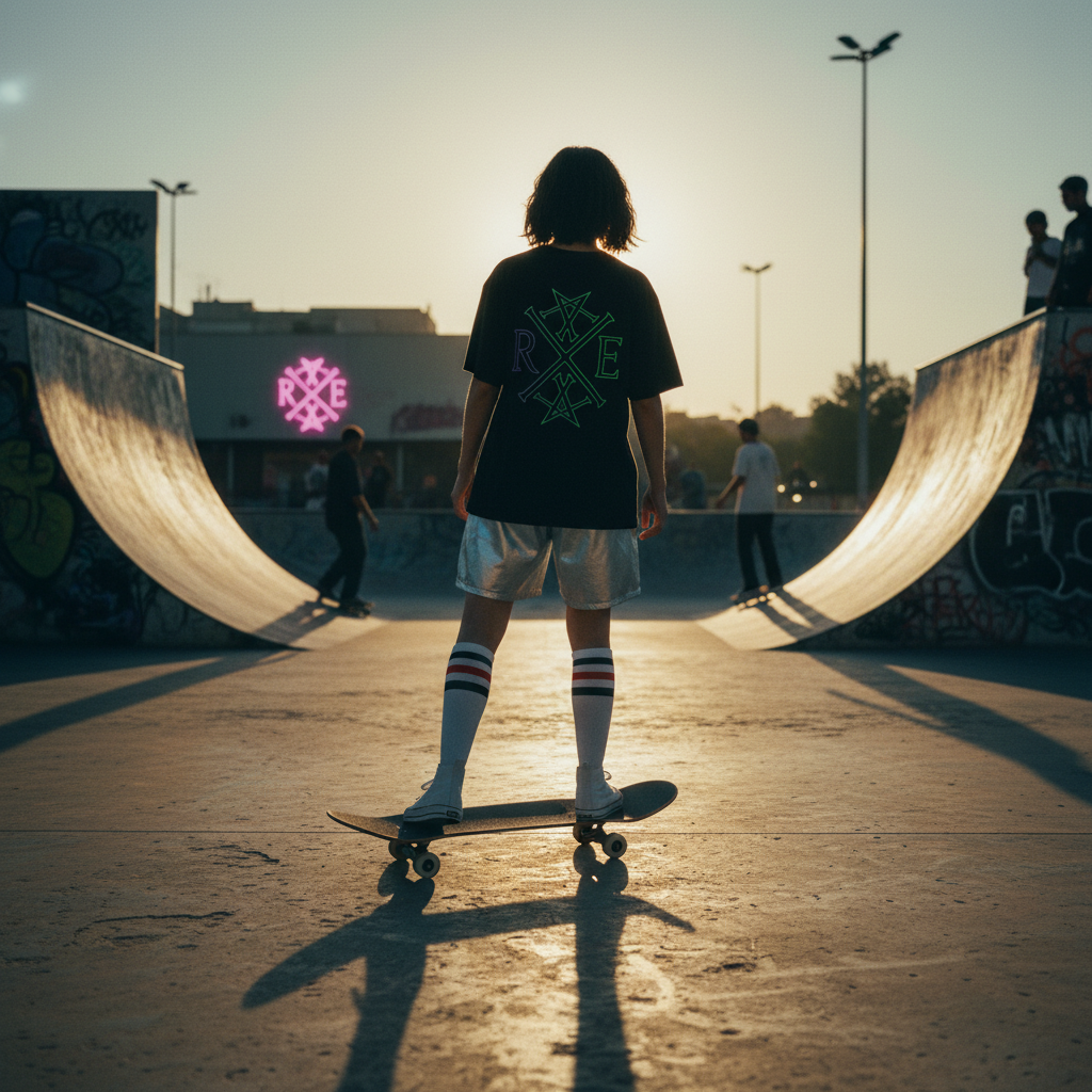 Model wearing oversized black organic cotton T-shirt with large green RAVIVE monogram logo on back, standing on skateboard.