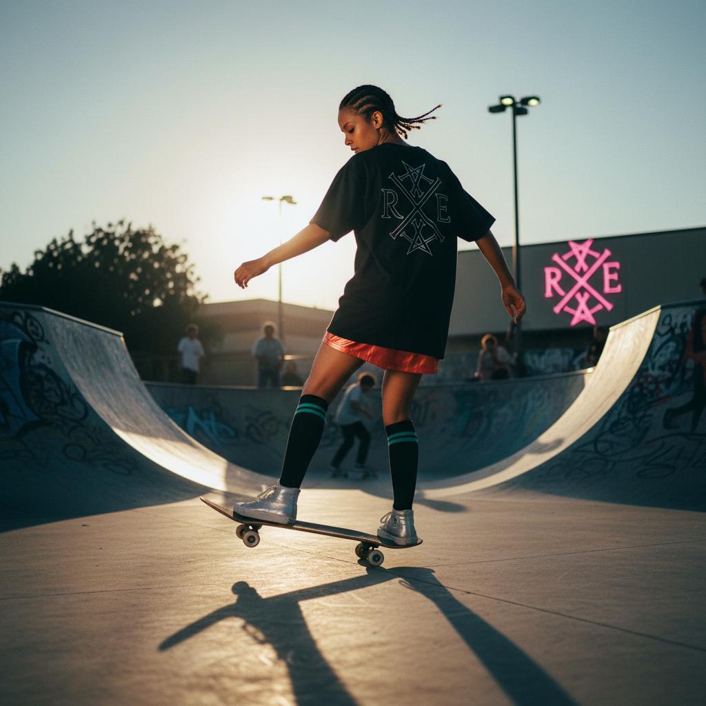 Model skateboarding at sunset wearing oversized black organic cotton T-shirt with large white RAVIVE monogram logo on back.