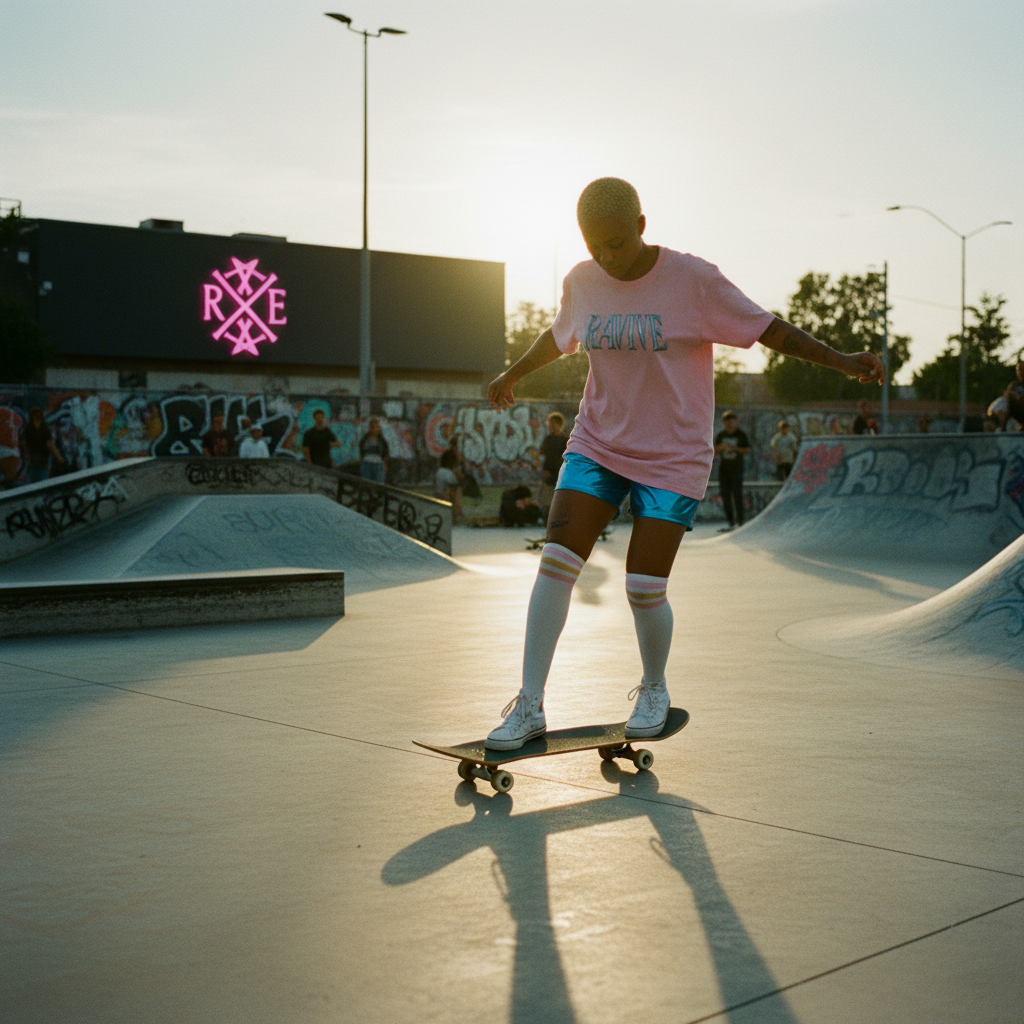 Oversized pink organic cotton t-shirt with bold chrome logo on chest, worn skateboarding outdoors.