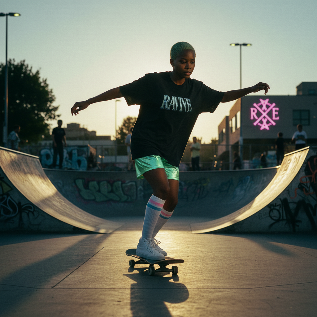 Black oversized organic cotton T-shirt with original chrome RAVIVE monogram logo, worn by skater in urban skate park.