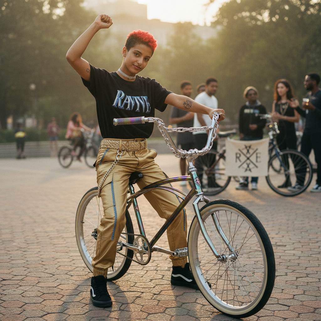 Model wearing oversized black organic cotton t-shirt with original chrome logo and RAVIVE monogram on chest, paired with gold trousers and black trainers.