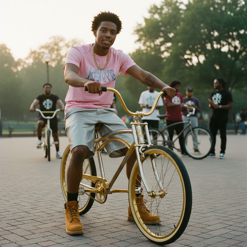 Man wearing oversized pink organic cotton T-shirt with original chrome logo and RAVIVE monogram, sitting on gold bike in a plaza.
