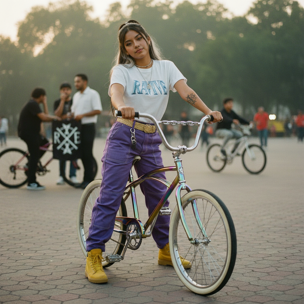 White oversized organic cotton t-shirt with light blue chrome logo print, paired with purple pants and yellow boots on a female modal posing with a custom bike.