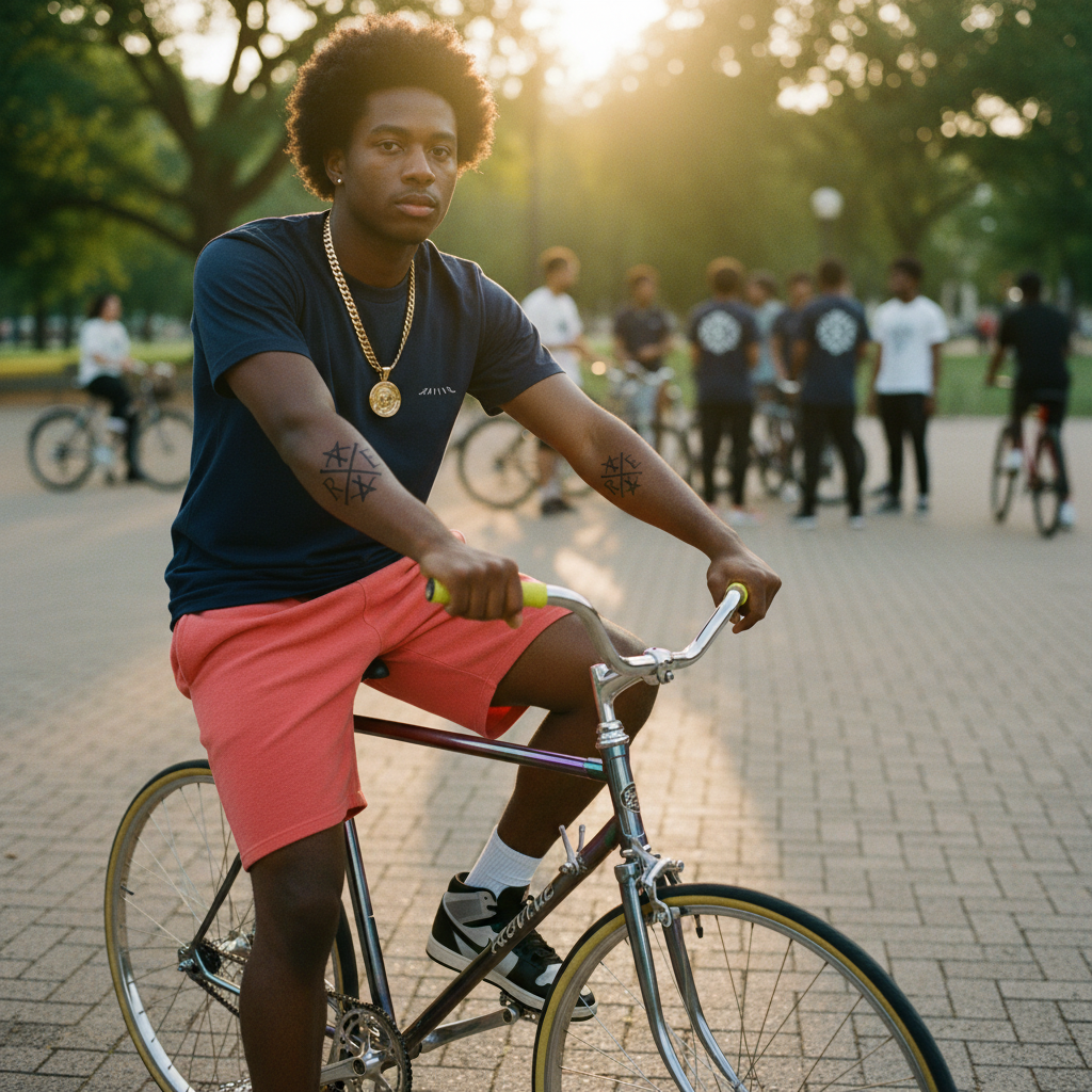 Man riding a bicycle in a park with other cyclists in the background