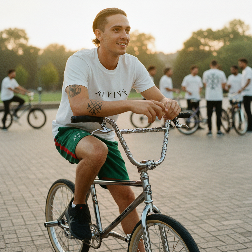 Young man wearing oversized white organic cotton RAVIVE Reverb t-shirt with black monogram logo, sitting on a bicycle in a plaza.