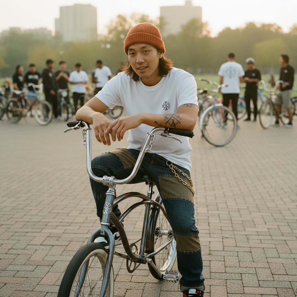Young man wearing white oversized organic cotton T-shirt with black RAVIVE monogram logo on chest, sitting on BMX bike in a plaza.
