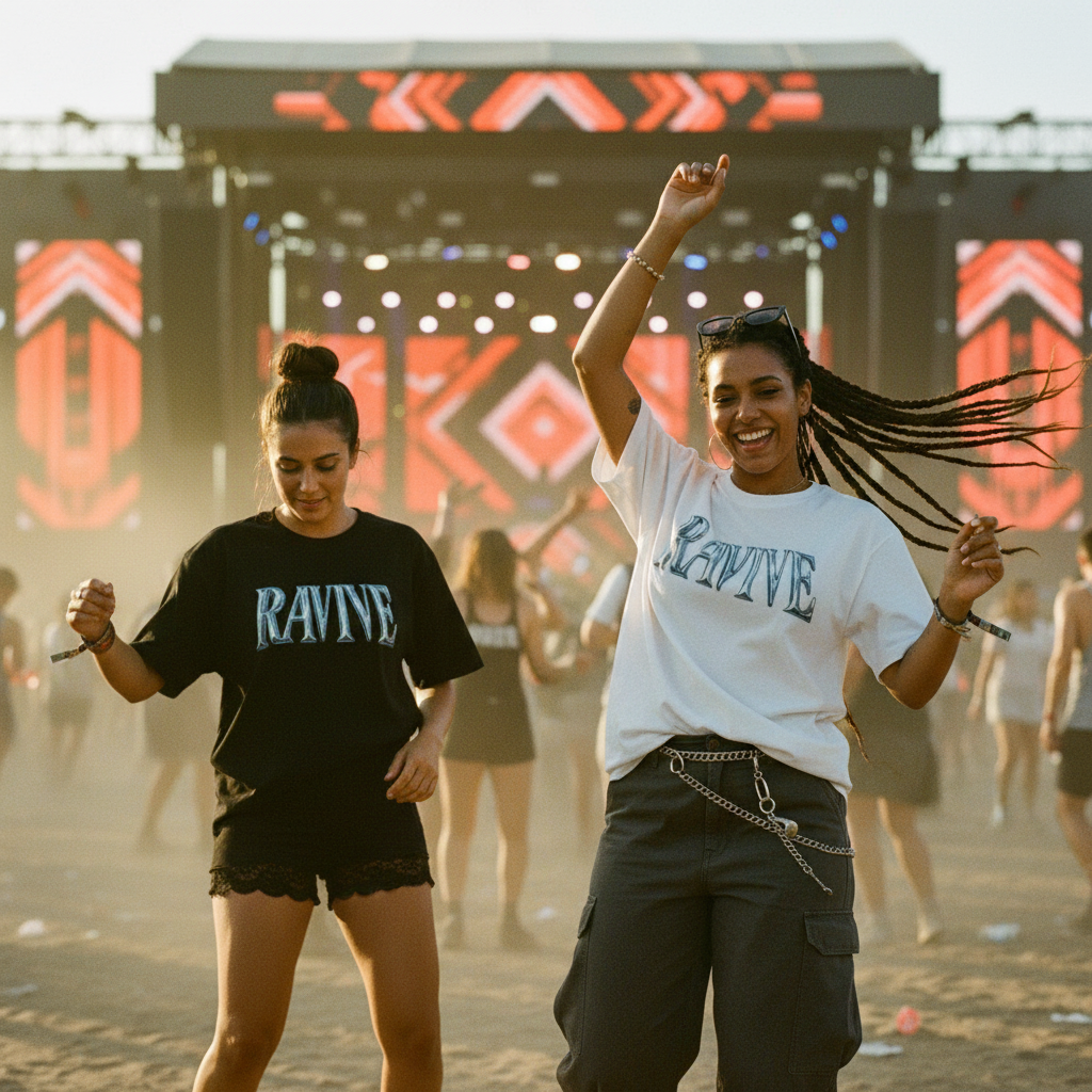 Two women dancing at a music festival with 'RAVIVE' branding in the background.